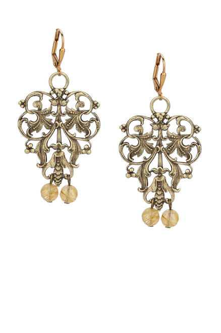 French Kande Brass French Filigree Earrings with Golden Mix Dangles