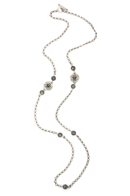French Kande Necklace Silver Ladder Chain Grey Labradorite 42in.