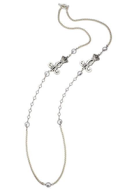 French Kande Crystal Swarovski Rivoli Petite Chain with Twin Crown Flourish Pendant Necklace 28 Inch