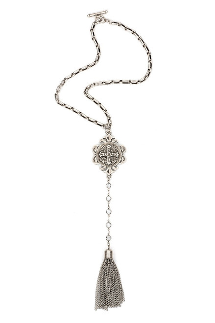 French Kande Necklace Silver Bordeaux Chain Tassel 18in.